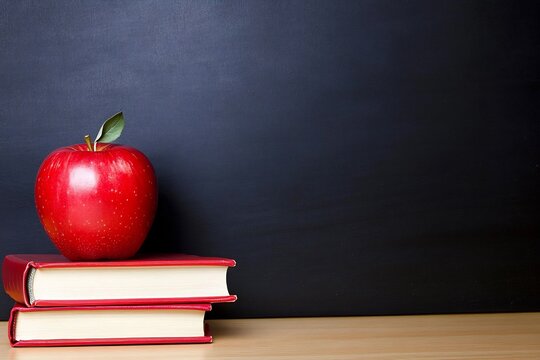 Photo of a red apple and books with an empty chalkboard background