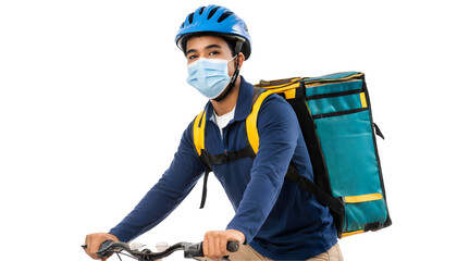 Delivery Boy With Mask Riding Bike on a isolated on white background. Generative AI.