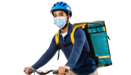 Delivery Boy With Mask Riding Bike on a isolated on white background. Generative AI.