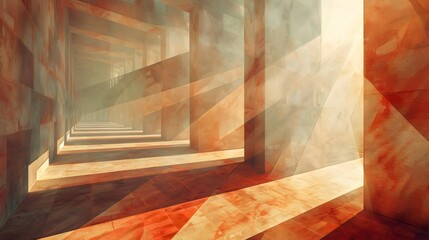 An intriguing abstract composition showcasing a series of illuminated corridors with warm tones and dynamic light rays. The interplay of shadows and colors creates a captivating atmosphere that invite