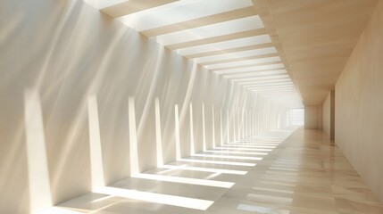 A striking architectural interior featuring a long, illuminated corridor with soft light streaming through the slats above. The minimalist design and gentle shadows create a serenity.
