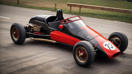 This is a vintage race car with a black and red body, gold accents, and the number 13.

