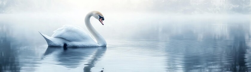 Obraz premium Graceful swan on a lake, elegant curves, gentle ripples, serene and peaceful, watercolor style, soft white and blue tones
