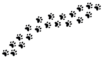 The trail of a pet's paw prints. Silhouette of a kitten's paw. Puppy's footprint, tiger's paw print. The outline of a cat's stride. Isolated on a white background. © Mirikiteki