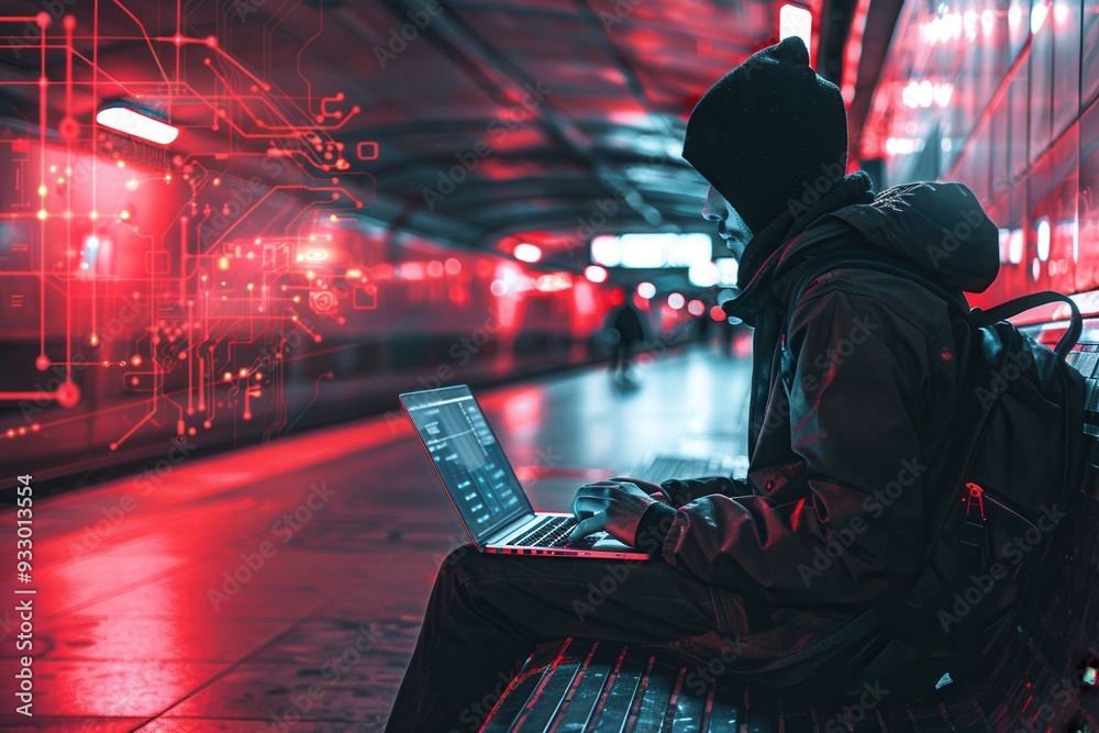 Fototapete a person anonymously works on a laptop in a crowded metro station, showcasing the vulnerability of c
