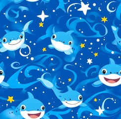 Obraz premium Baby Shark cartoon pattern, blue background