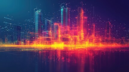 A vibrant digital cityscape with glowing elements and abstract design.