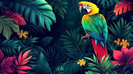 Obraz premium Vibrant parrot in tropical jungle, lush foliage, exotic and colorful, watercolor style, bold greens and reds