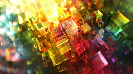 An abstract explosion of colorful transparent cubes floating in a vibrant space filled with radiant light, creating a dynamic visual experience that evokes a sense of depth and energy in a modern