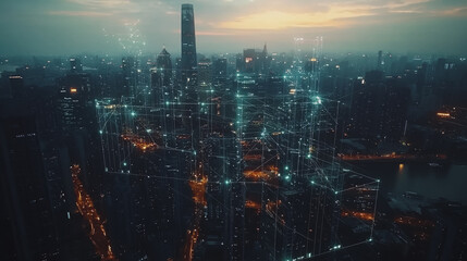 Fototapeta premium Smart digital Innovation city with connection network reciprocity over the cityscape. of future smart wireless digital city and social media networking systems that connects people with in city