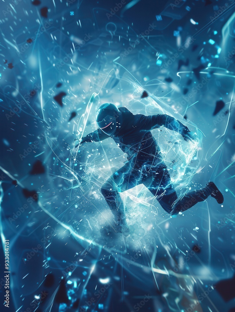 Leinwandbilder a hacker disrupts a digital shield, scattering fragments around a vibrant cybernetic background that