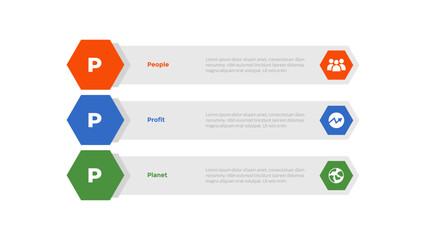 3p sustainability infographics template diagram with hexagon long box shape with 3 point step design for slide presentation