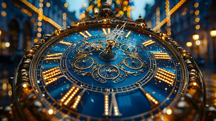 Close-up of a Blue and Gold Clock Face with Lights Illustration