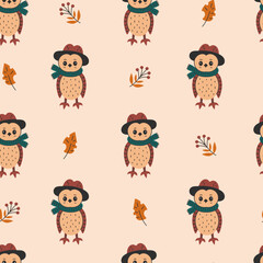 Owl and Leaf Fall Seamless Pattern. Hand drawn Cozy Autumn Background with forest bird wearing clothes hat and scarf. Repeat vector illustration