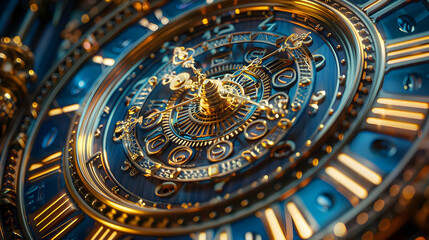 Obraz premium Close-up of a Golden and Blue Clock Face Illustration
