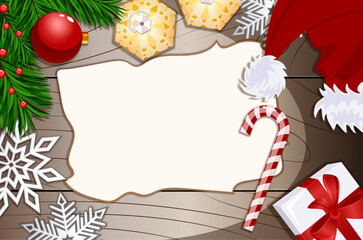 Lanterns, Christmas Ball, Pine Tree Branches, Cranberries, Candycane, Santa Hat, Gift, Snowflakes with Blank Paper for Copyspace on Wooden Surface