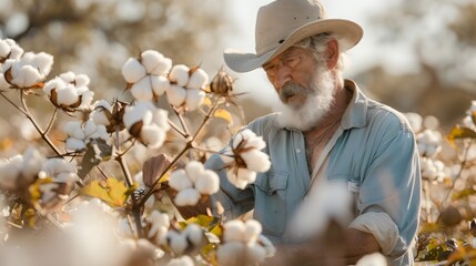 A dedicated farmer carefully harvesting cotton in a sunlit field, surrounded by fluffy cotton bolls, showcasing the beauty of agricultural work and the connection to nature in a serene rural setting.
