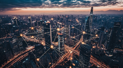 Fototapeta premium Smart digital Innovation city with connection network reciprocity over the cityscape. of future smart wireless digital city and social media networking systems that connects people with in city