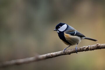 Fototapeta premium Black tit bird blurry nature background, Ai Generated