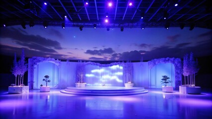 Empty stage with purple lighting and white decor.