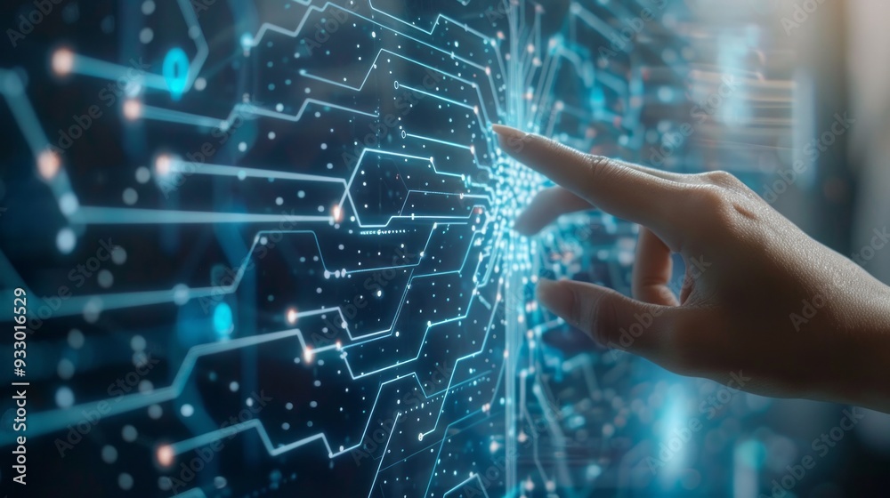 Poster A hand touches a luminous digital display filled with intricate data patterns, symbolizing interaction with advanced technology and big data concepts