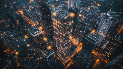 Obraz premium Smart digital Innovation city with connection network reciprocity over the cityscape. of future smart wireless digital city and social media networking systems that connects people with in city