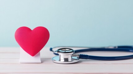 A stethoscope beside a red heart symbolizing health and care, representing love and compassion in the medical field.