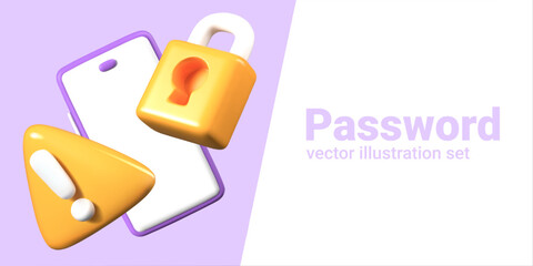 Password concept on phone. Realistic smartphone, padlock, triangular warning sign