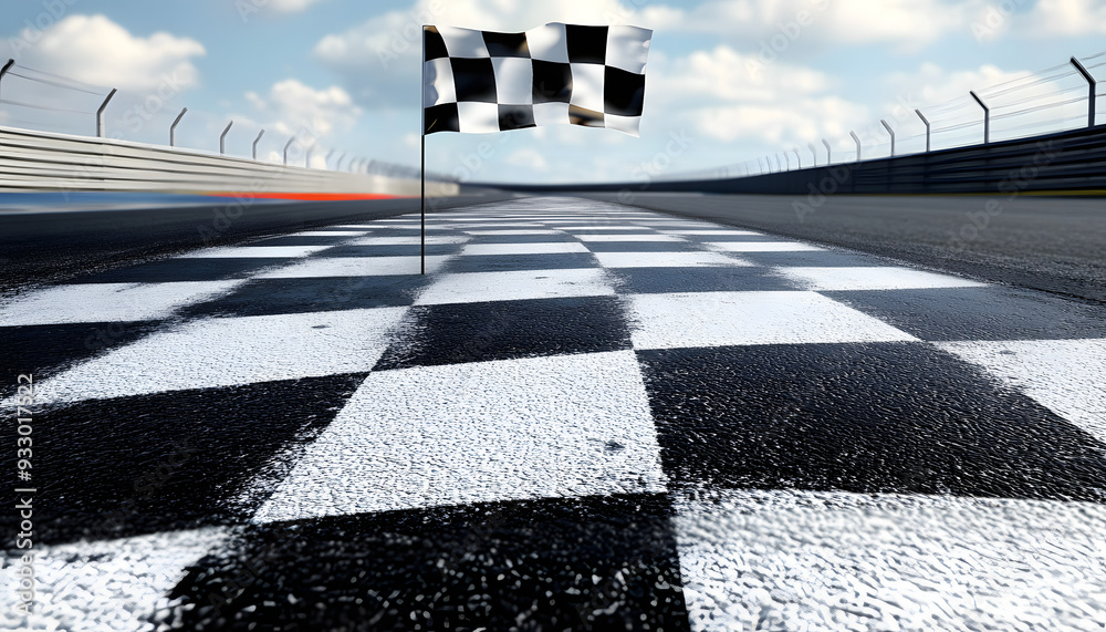 Wall mural checkered finish flag and asphalt racing track outdoors isolated with white highlights, 