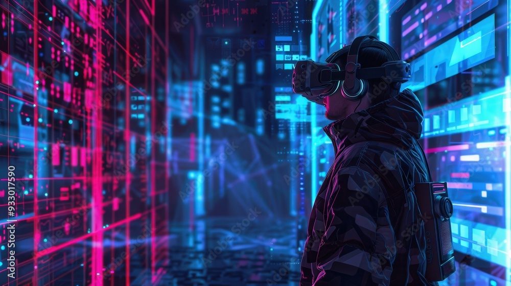 Aufkleber A hacker wearing a VR headset navigates through a vibrant virtual space filled with glowing locks and complex codes. Generative AI