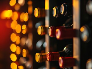 Elegant backlit red wine bottles in restaurant cellar showcasing fine wine selection