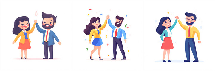 Celebrating Success: Joyful Characters in Cartoon Style Showcasing Friendship and Teamwork
