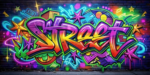 Vibrant, spray-painted lettering and symbols burst forth in neon brightness, evoking the energy and rebelliousness of street art, with bold colors and urban flair.