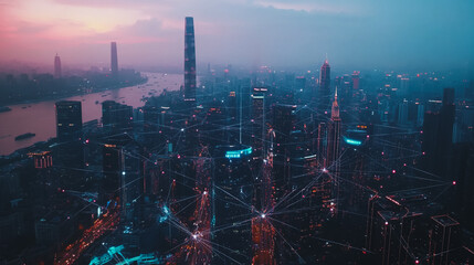 Obraz premium Smart digital Innovation city with connection network reciprocity over the cityscape. of future smart wireless digital city and social media networking systems that connects people with in city