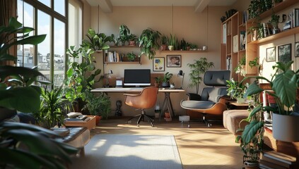 Fototapeta premium Home office with plants, desk, computer, and chair.