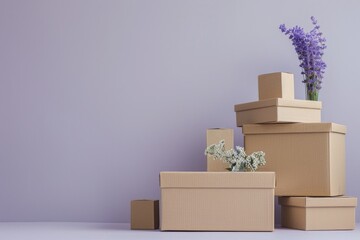Minimalist Interior Design with Cardboard Boxes and Lavender Flowers for Storage Solutions