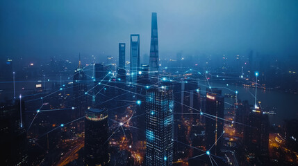 Fototapeta premium Smart digital Innovation city with connection network reciprocity over the cityscape. of future smart wireless digital city and social media networking systems that connects people with in city