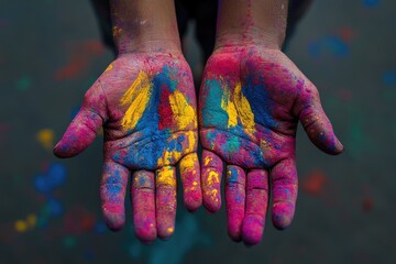 Two hands covered in vibrant paint. This photo shows the colorful celebration of Holi, a Hindu festival of colors.