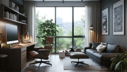 Fototapeta premium Modern living room with large windows and a leather couch.