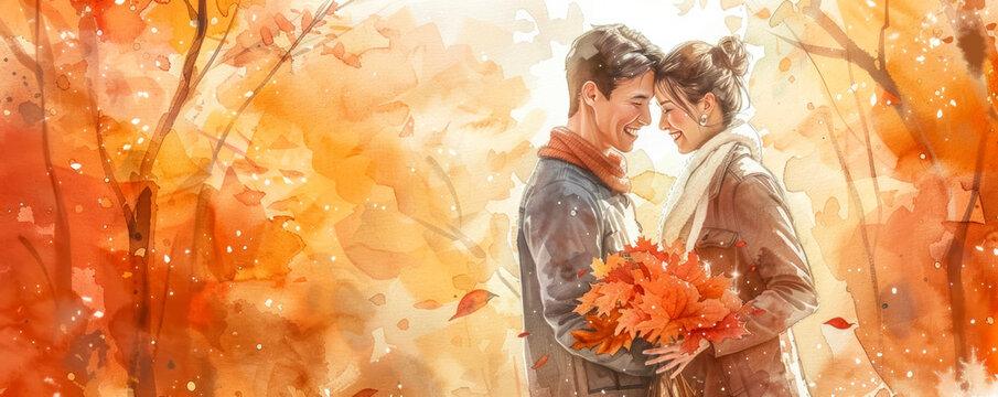 Couple enjoying joyful moment surrounded by colorful autumn leaves in quiet park during golden hour, watercolor illustration