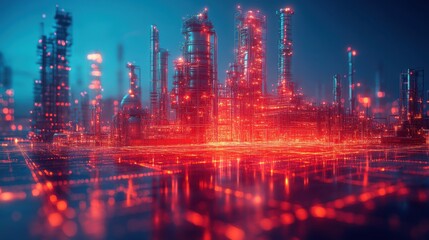 Futuristic cityscape with glowing structures and digital elements.