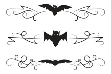 set of Halloween Bats flourish dividers, hand-drawn fancy lines Calligraphy Ornament vine scroll page separator, decorative ornate swirls vintage menu Wedding border holiday design element

