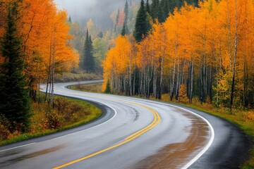 Fototapeta premium Beautiful autumn landscape with a forest and road in the mountains