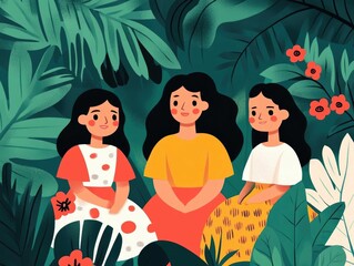 depicting a Hispanic Heritage Month storytelling circle where family members gather to share their histories and cultural traditions in a flat design style  The image celebrates the diversity legacy