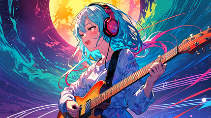 Obraz premium Cute anime girl playing guitar with wearing headphones on Colorful background Ai generated
