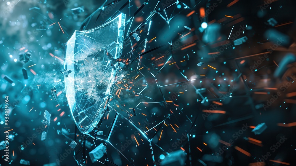 Poster a hacker breaches a digital shield, causing fragments to scatter in a burst of activity within a cyb