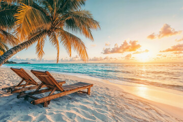 Two sunbeds relaxing under palm tree on the beach at sunset. High quality photo