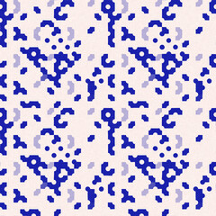 Faded electric blue glitch geo washed effect seamless pattern. Indigo dye grungy blotched distress abstract background texture repeat. 