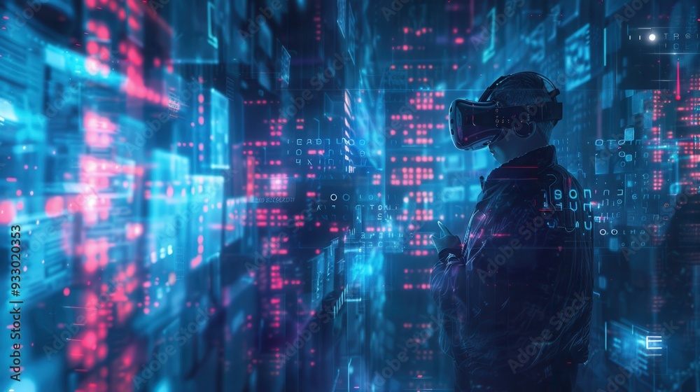 Poster a hacker navigates through a vibrant virtual world filled with digital locks and codes while wearing