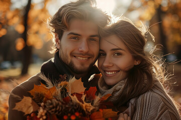 A smiling couple stands together in an autumn park, surrounded by golden leaves. The woman holds a bouquet of colorful fall foliage, while both wear cozy sweaters and scarves.